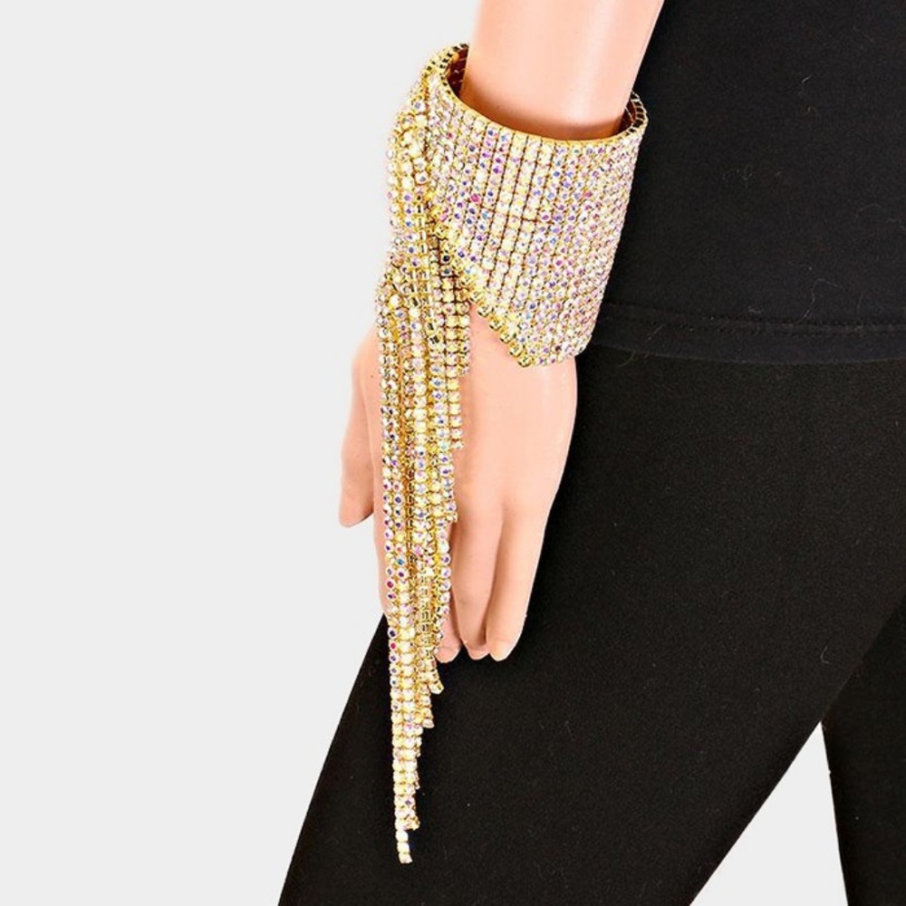 Gold Clear Rhinestone Fringe Open Bracelet